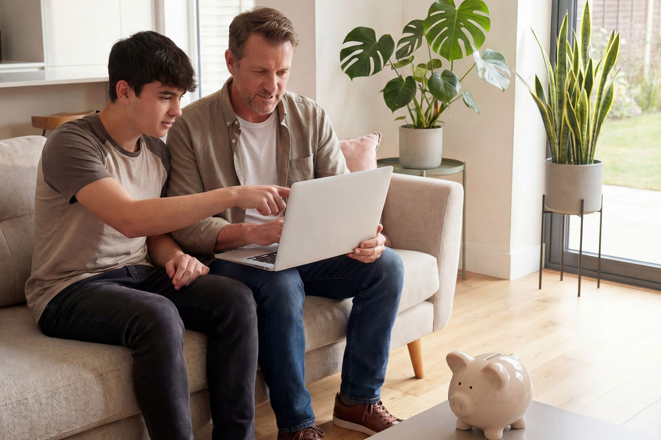 Vater und Sohn sitzen am Laptop auf der Couch.