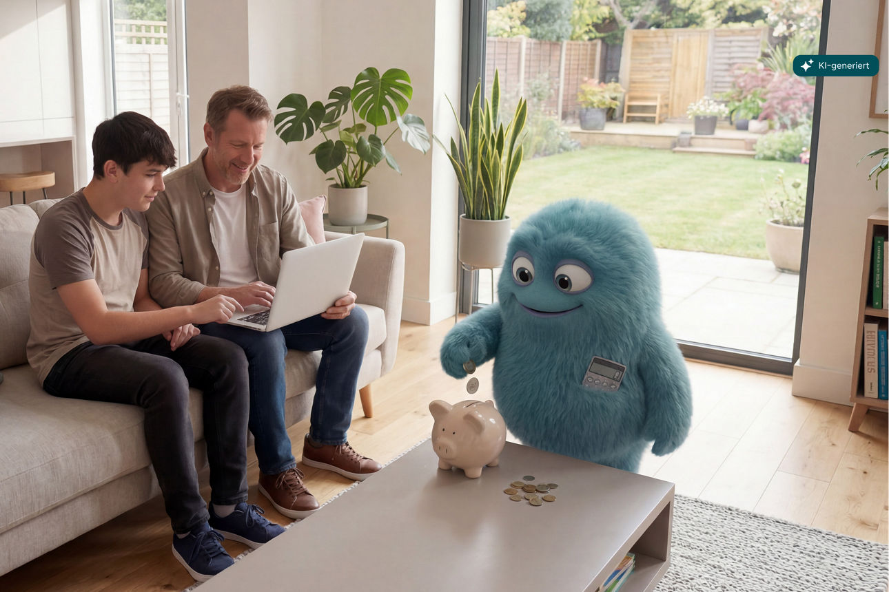 Vater und Sohn sitzen am Laptop auf der Couch und Zinz wirft Geld in ein Sparschwein.