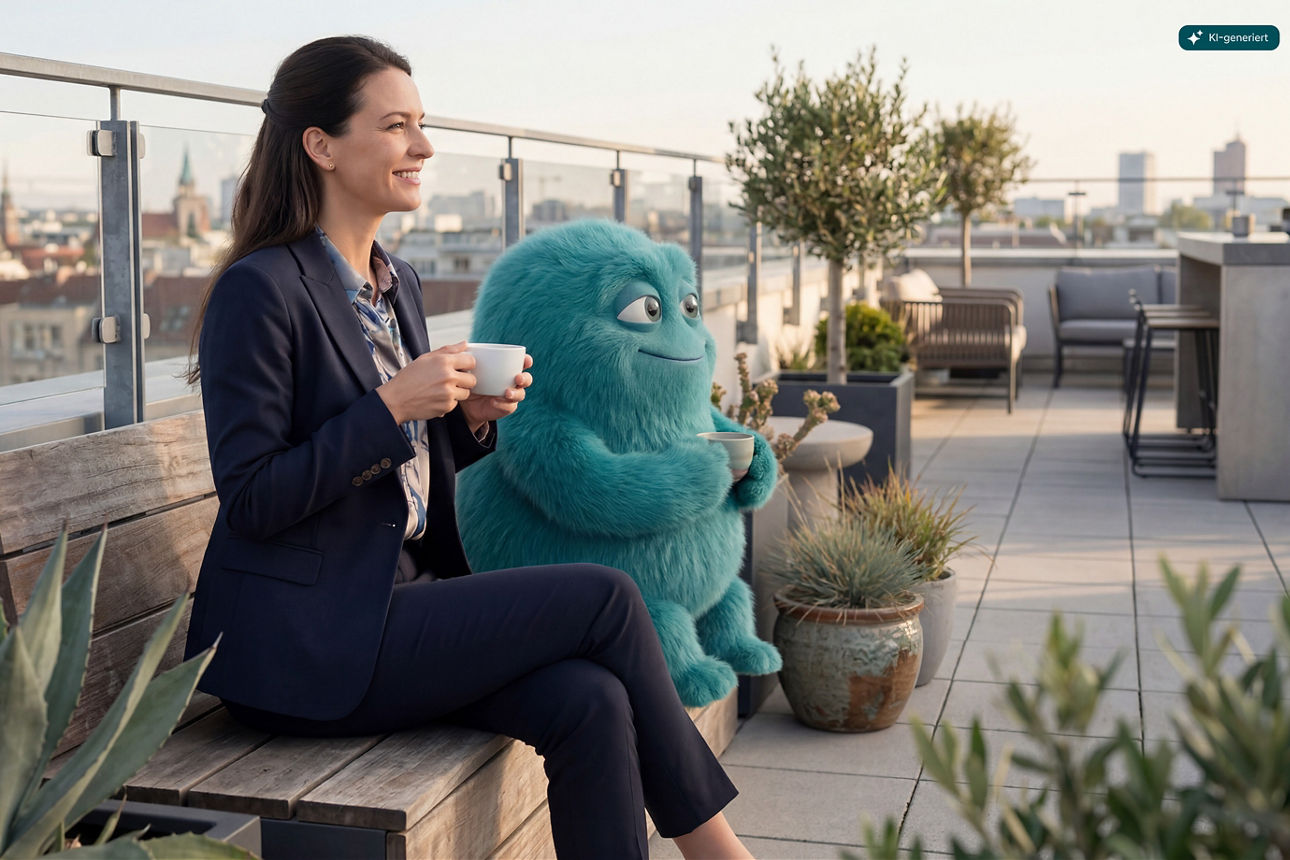 Dame und Zinz sitzen auf einer Dachterrasse, genießen ihren Kaffee und blicken in die Ferne.