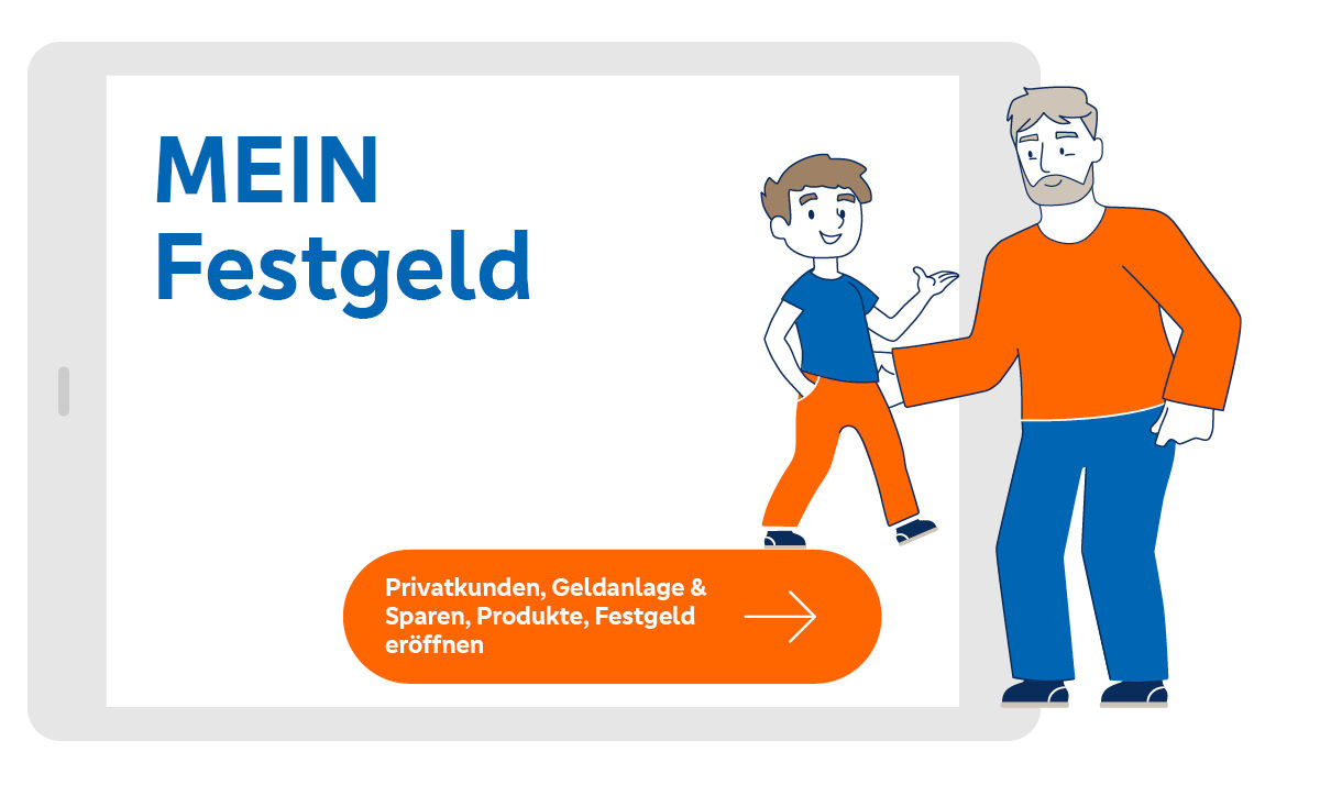 Illustration zeit ein Kind mit deinem Vater, das auf dem Button zur Festgeld-Eröffnung steht