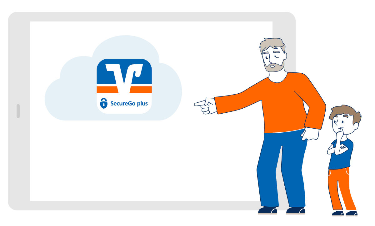 Grafik Mann zeigt auf SecureGo plus App 