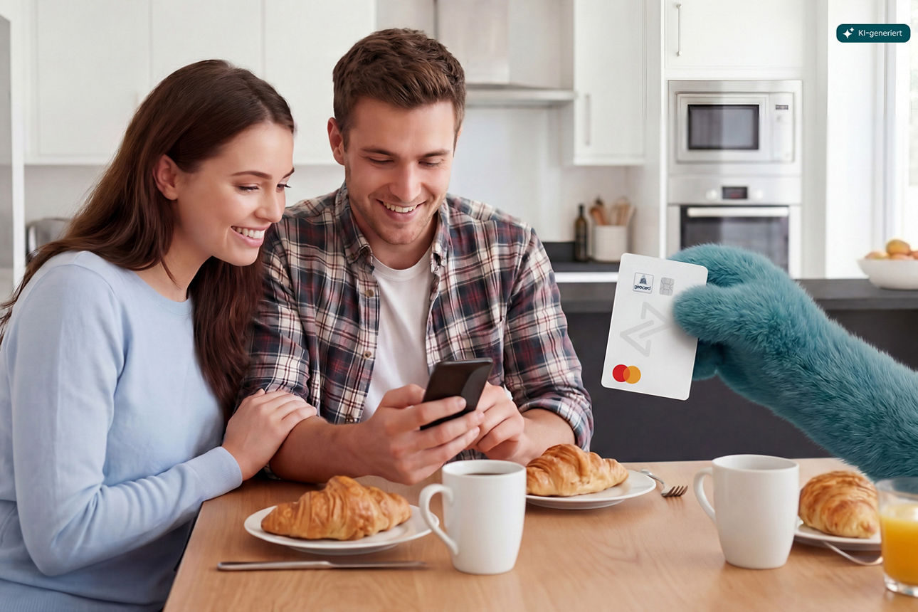 Paar sitzt am Frühstückstisch und freut sich über das MEIN Girokonto mit kostenloser girocard.