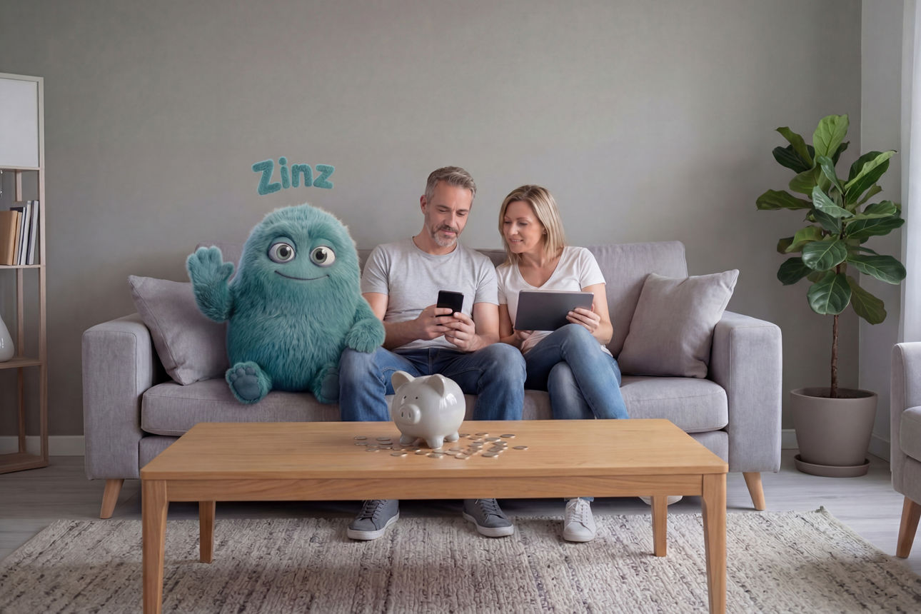 Abbildung zeigt Zinz, die flauschige Markenfigur von MEINE BANK mit einem Ehepaar auf der Couch.