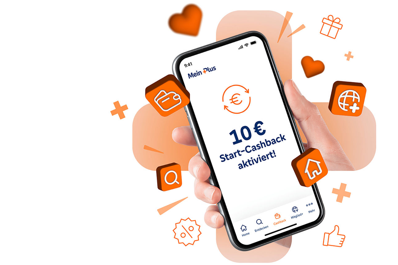 Abbildung eines Smartphones mit der Aufschrift "10€ Cashback ativiert"