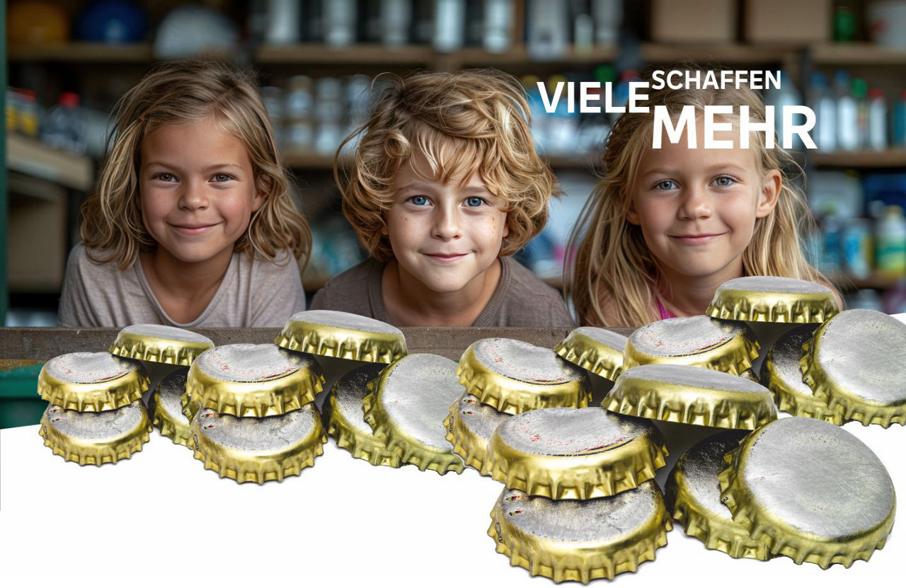 Drei Kinder,die freundlich in die Kamera sehen und Metallverschlüsse im Vordergrund.