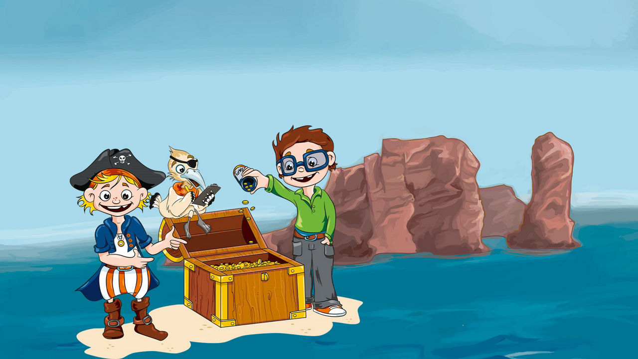 Comic: Flint der Zahnpirat und Basti der Basstölpel stehen am Strand neben einer Schatztruhe, im Hintergrund Helgoland