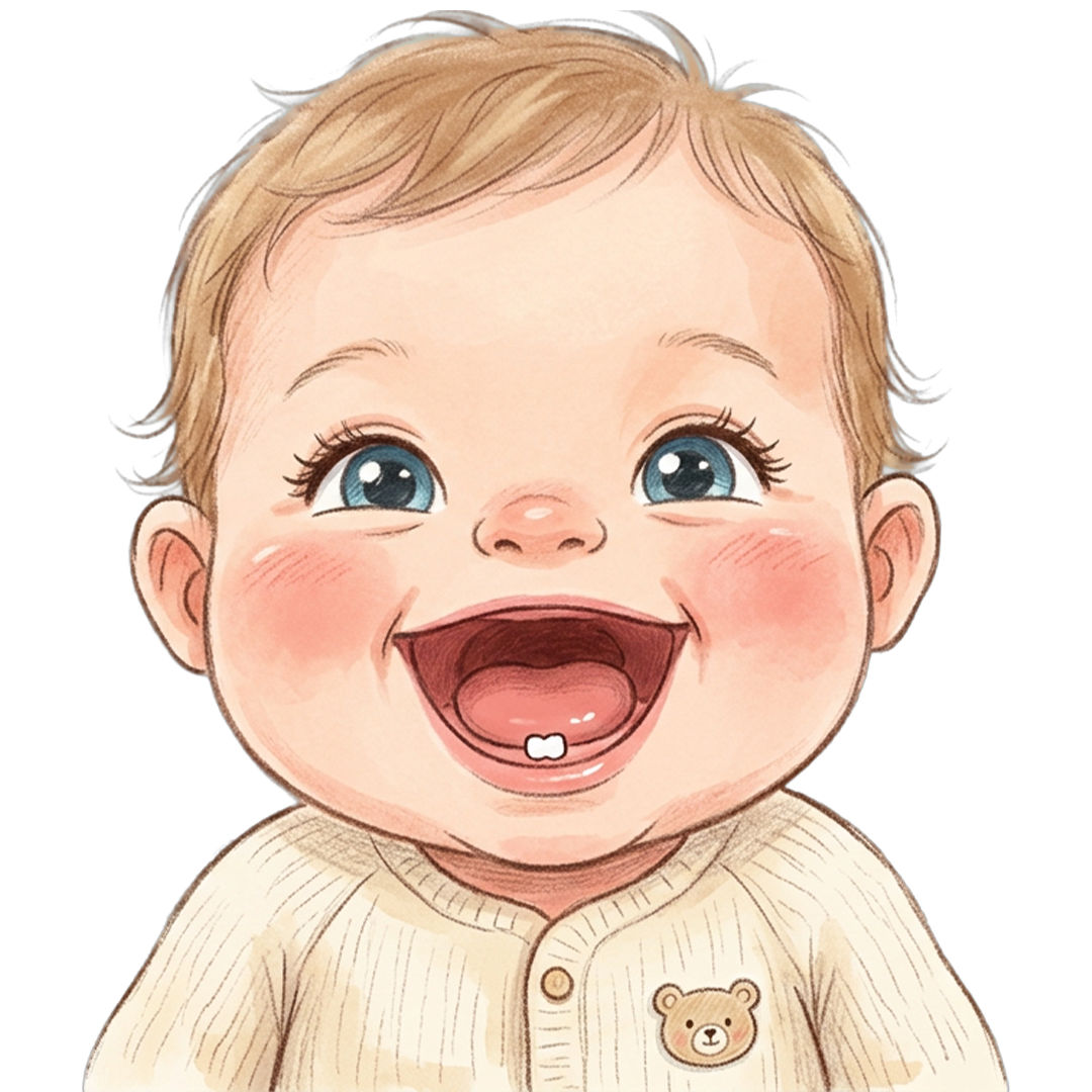 Zeichnung: Baby lacht herzlich und zeigt dabei zwei kleine neue Zähne in der Mitte des Unterkiefers