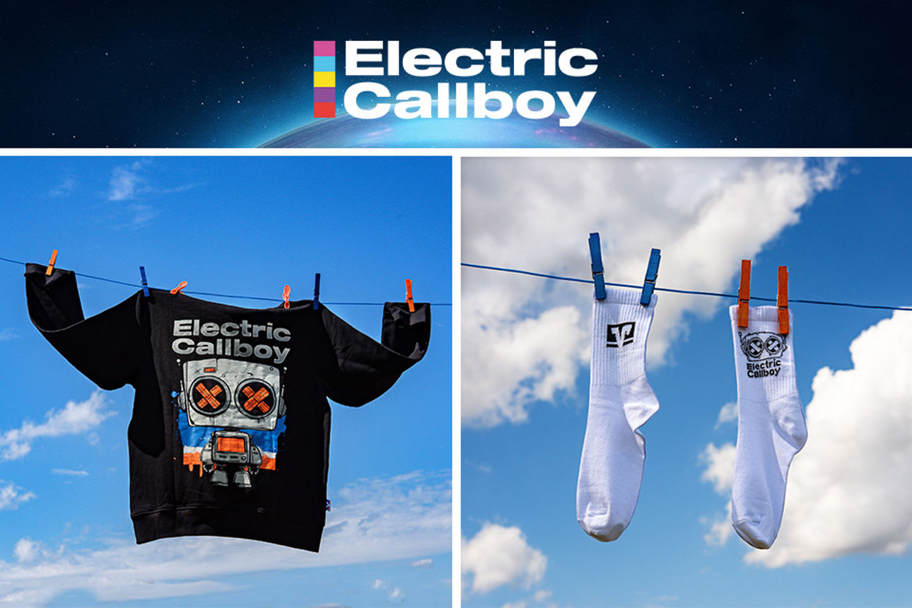 Hoodie und Socken von Electric Callboy an Wäscheleine vor blauem Himmel mit weißen Wolken