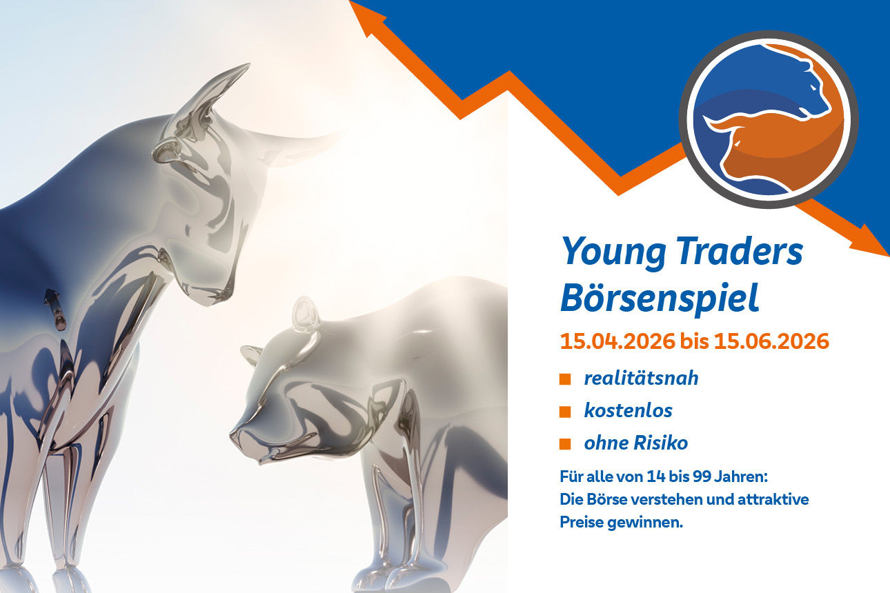 Links Bulle und Bär, rechts Infos zur Verantstalung Young Traders Börsenspiel.