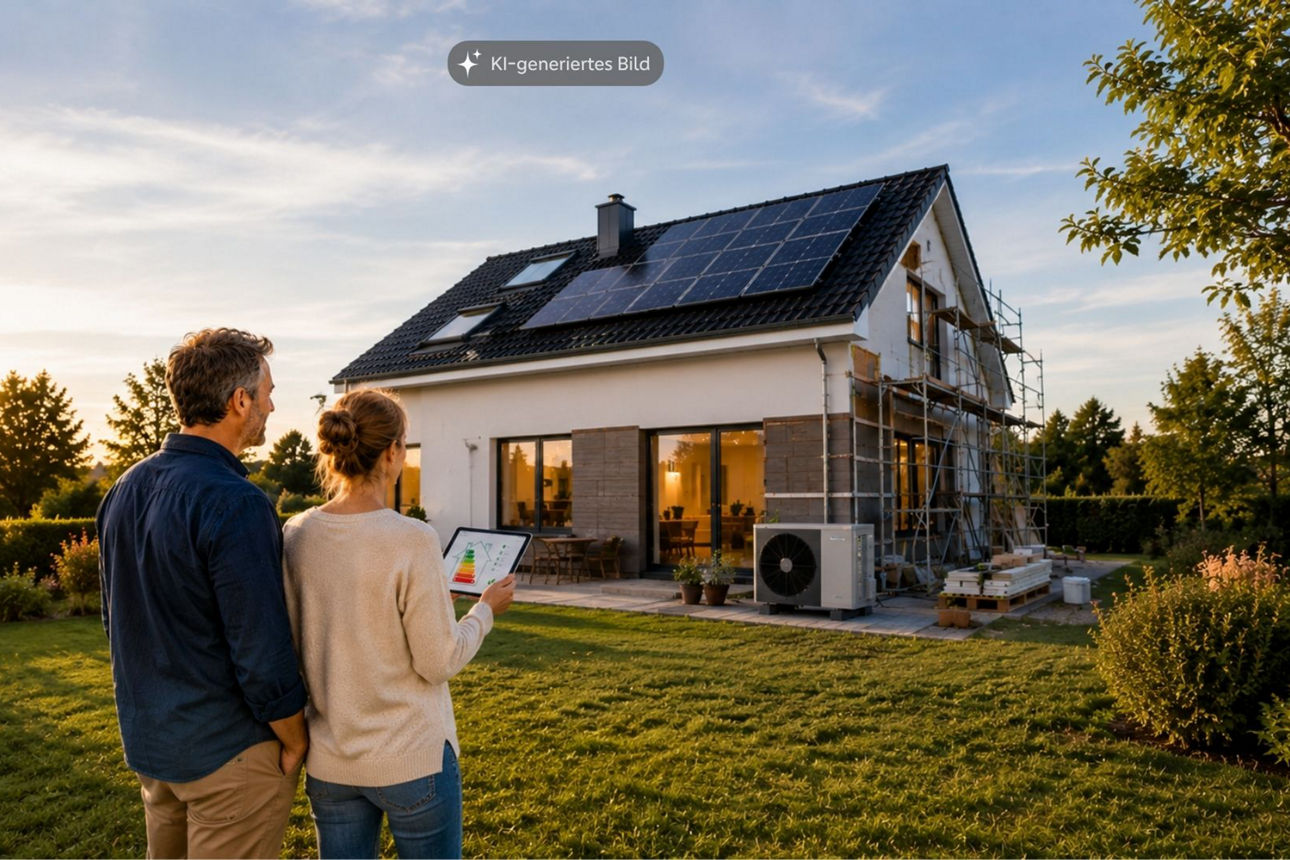 aar betrachtet ein Wohnhaus während der energetischen Modernisierung mit Photovoltaikanlage und Wärmepumpe.