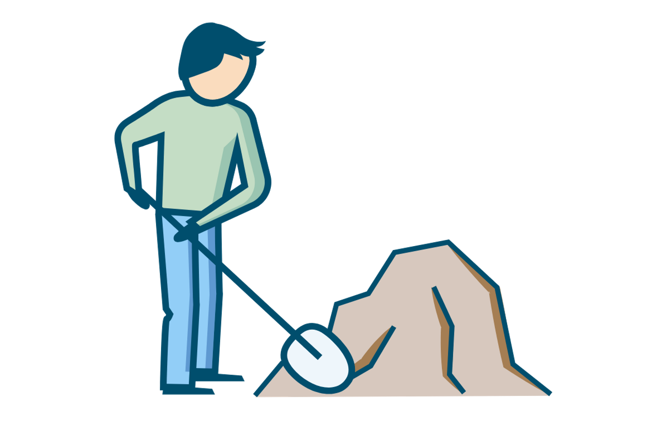 Illustration eines Mannes mit einer Schaufel in der Hand vor einem Erdhaufen