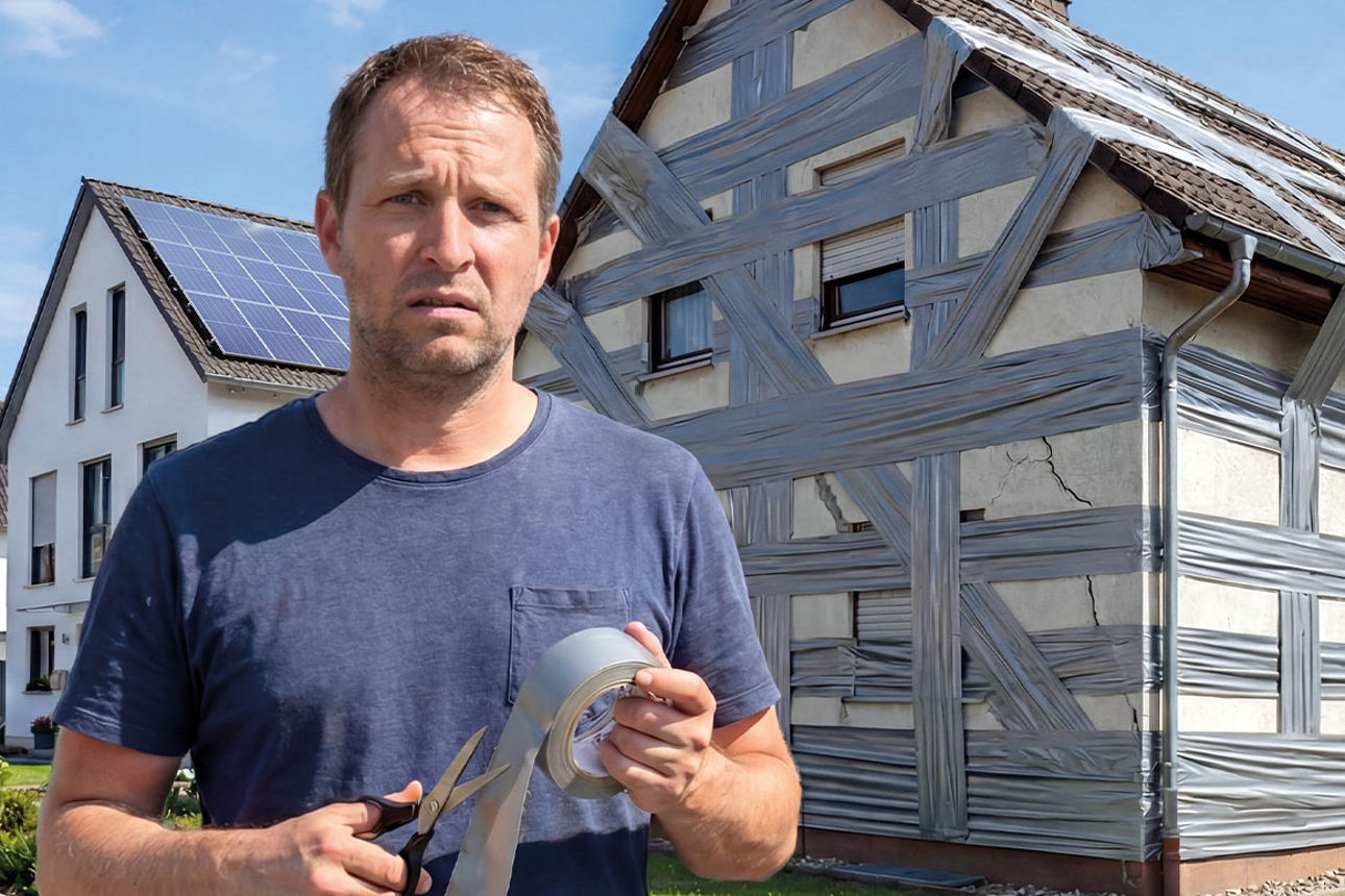 Ein Mann im Vordergrund steht vor einem kaputten Haus
