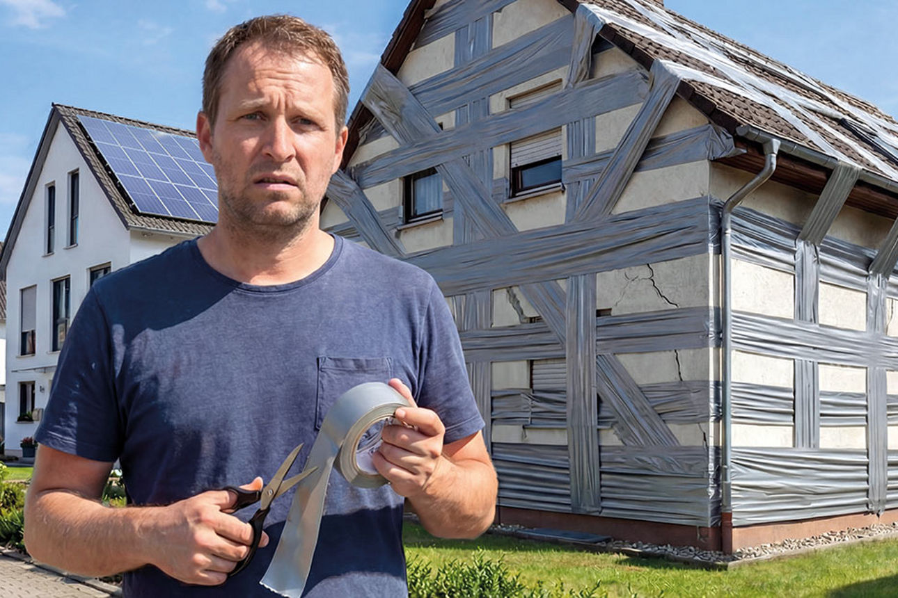 Mann mit Klebeband vor einem Haus, welches mit Klebeband repariert wurde