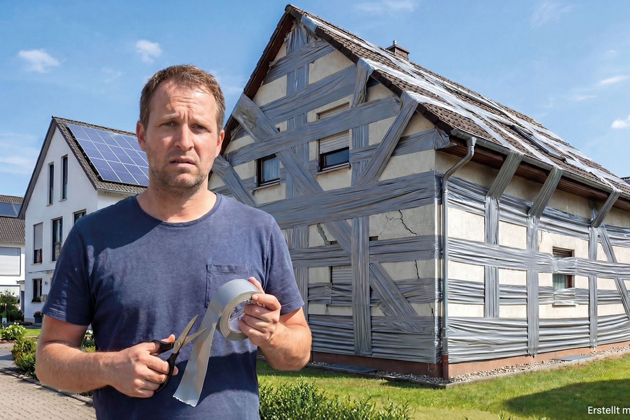 Mann steht mit Klebeband vor einem Haus, das mit Klebeband zusammengehalten wird.