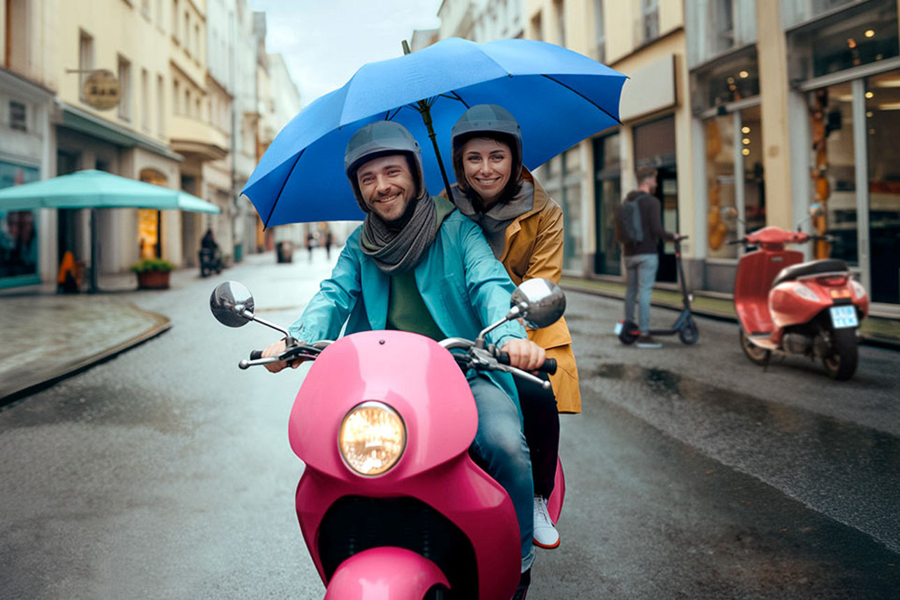 Zwei Personen auf einem Moped mit Regenschirm