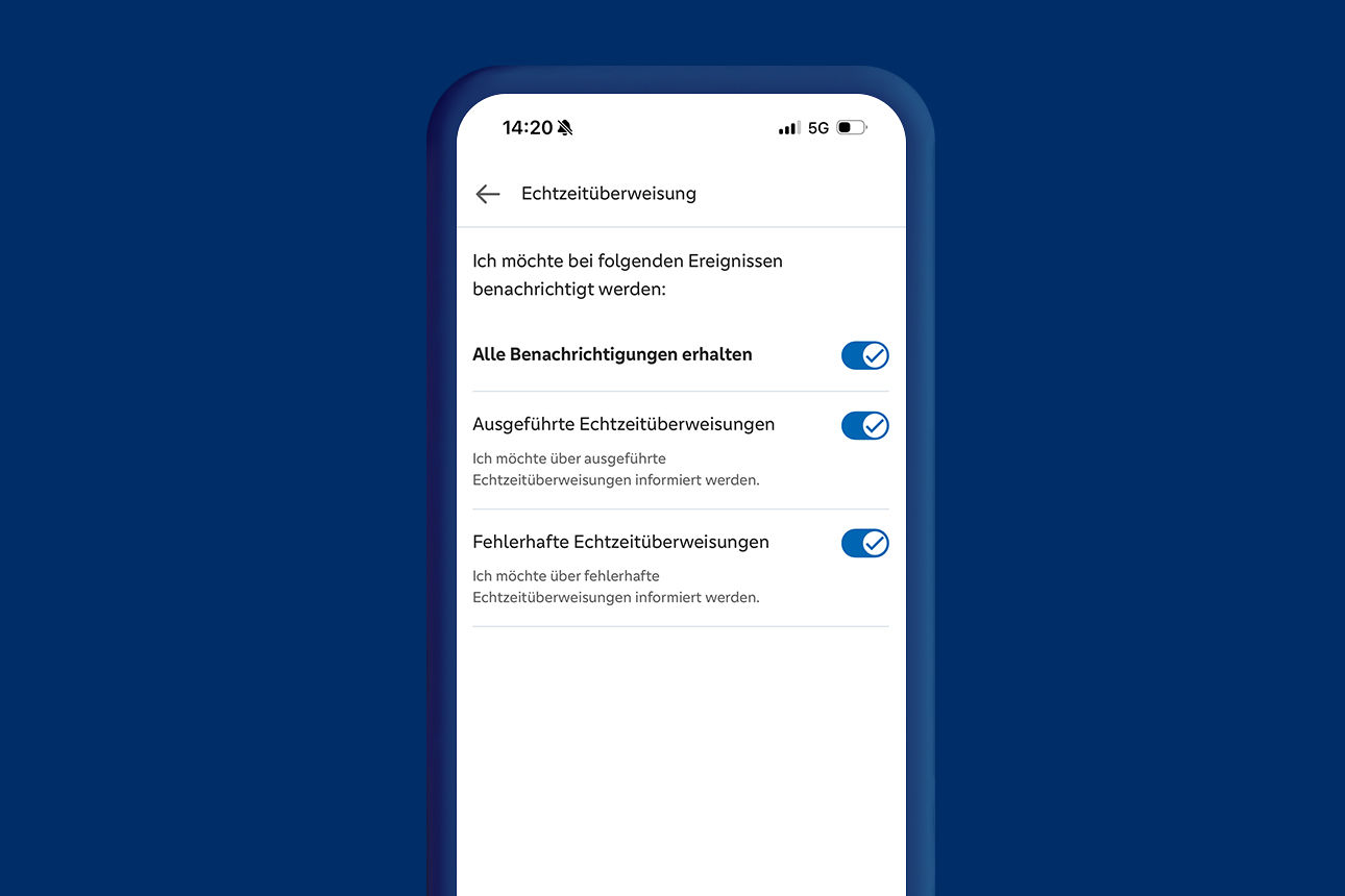 Beispielhafte Menüeinstellung des Benachrichtigungsservices für die Echtzeitüberweisung in der VR Banking App