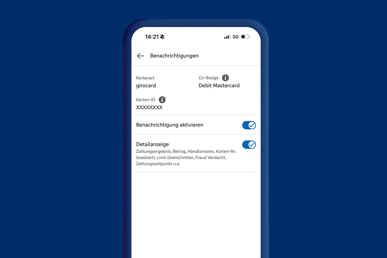 Beispielhafte Menüeinstellung des Benachrichtigungsservices für die girocard in der VR Banking App