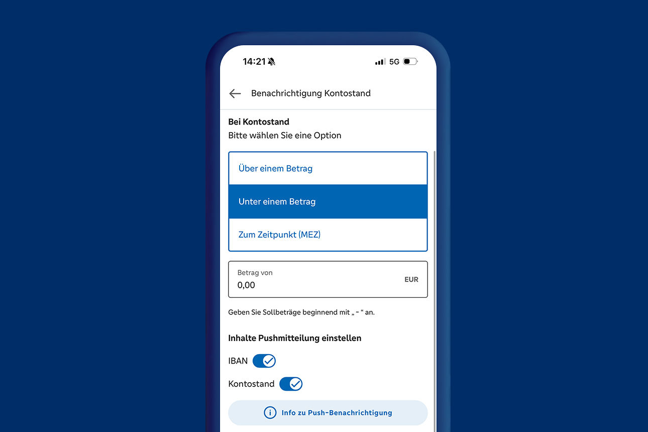 Beispielhafte Menüeinstellung des Benachrichtigungsservices für den Kontostand in der VR Banking App