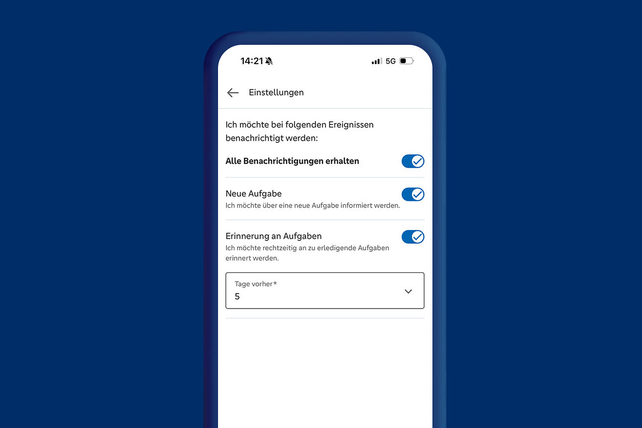 Beispielhafte Menüeinstellung des Benachrichtigungsservices für Meine Aufgaben in der VR Banking App