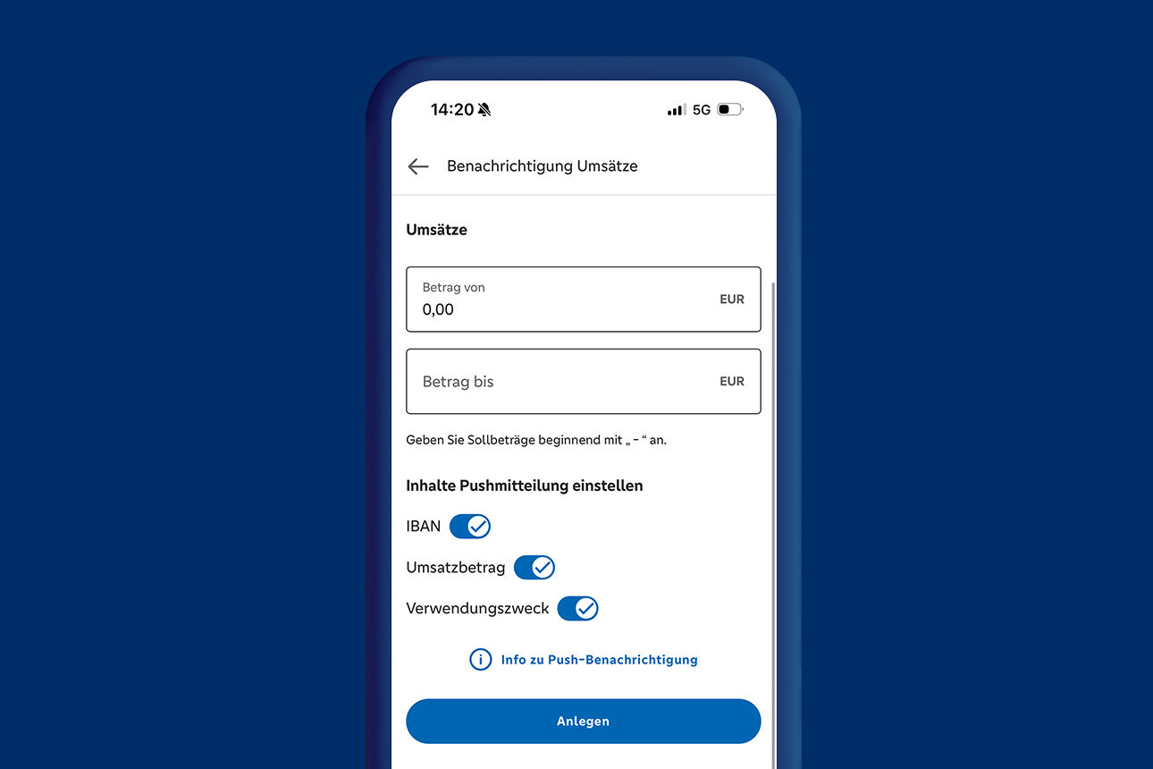 Beispielhafte Menüeinstellung des Benachrichtigungsservices für Umsätze in der VR Banking App