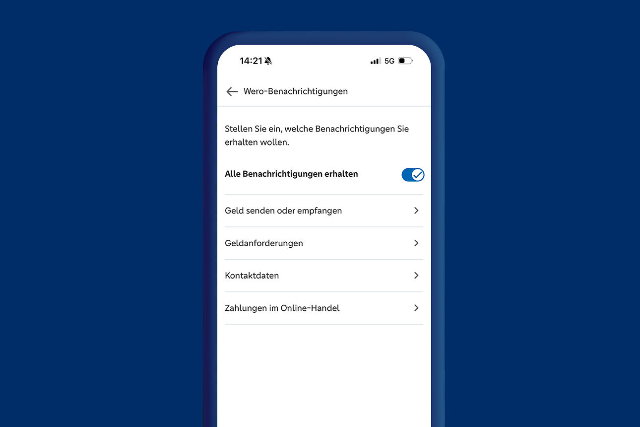Beispielhafte Menüeinstellung des Benachrichtigungsservices für Wero in der VR Banking App