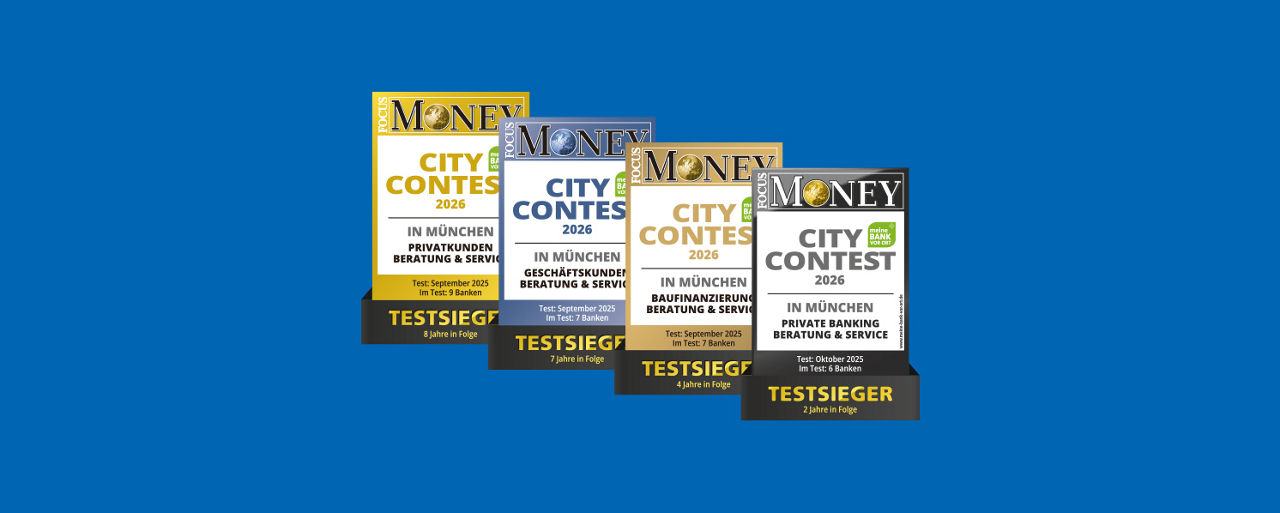 Vier Abbildung des Focus Money Siegels 2026 in den Farben gelb, blau, gold und schwarz