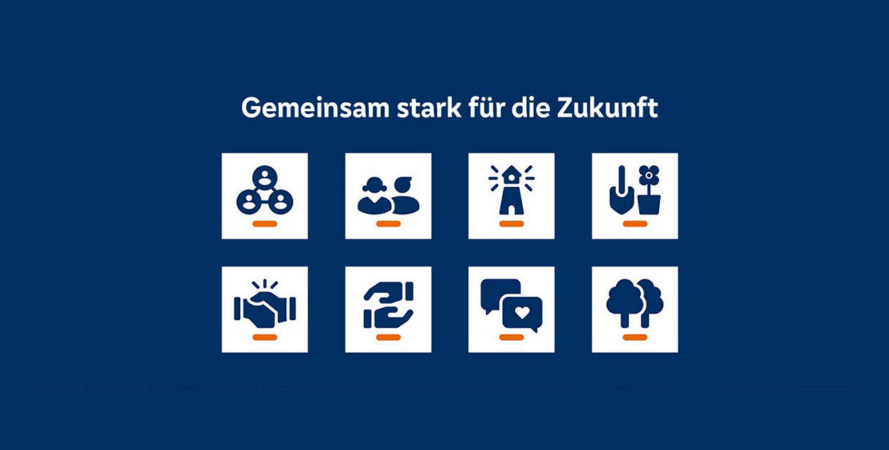 Acht Illustrationen auf blauem Hintergrund