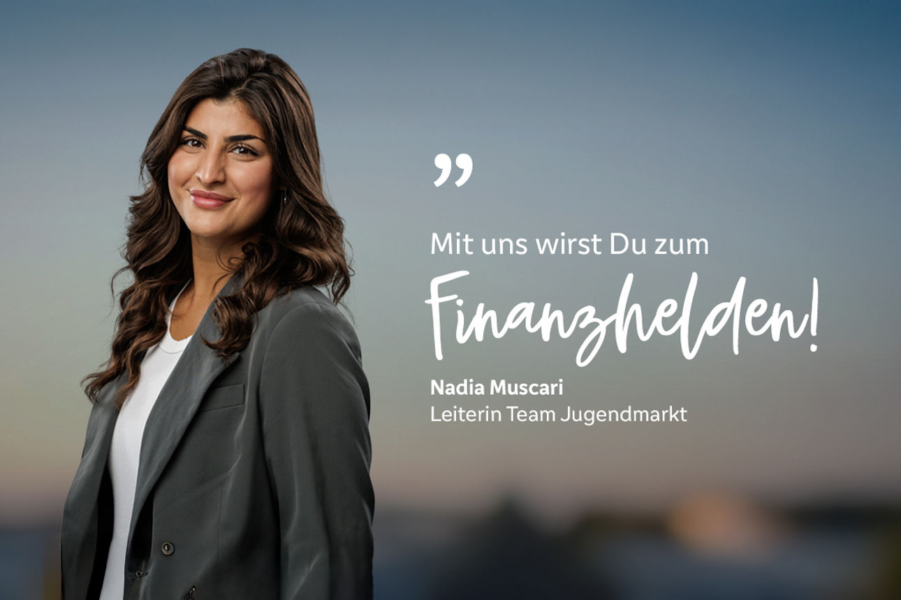 Nadia Muscari, Mitarbeiterin der Münchner Bank eG mit dem Zitat: "Mit uns wirst du zum Finanzhelden!"