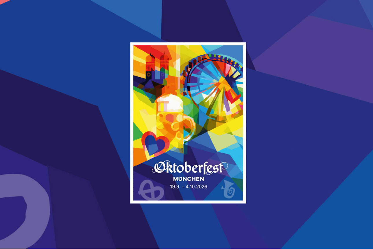 Buntes Plakat mit dem Schriftzug "Oktoberfest München – 19.09. - 4.10.2026"