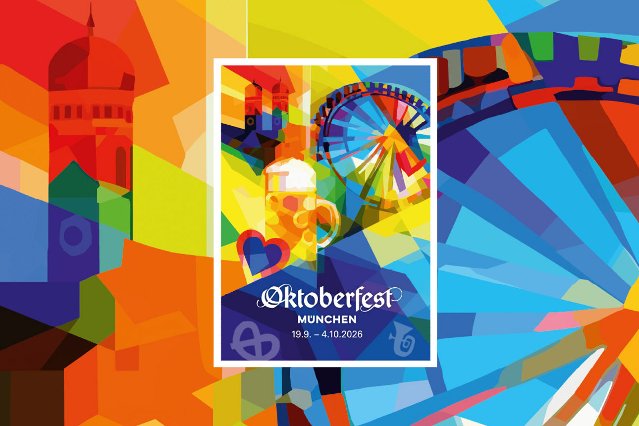 Buntes, illustriertes Plakat mit den Wahrzeichen der Stadt München und der Aufschrift: Oktoberfest MÜNCHEN 19.9 – 4.10.2026 