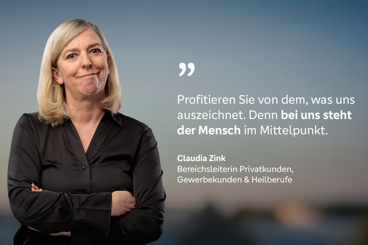 Claudia Zink, Bereichsleiterin PGH mit dem Zitat: "Profitieren Sie von dem, was uns auszeichnet. Denn bei uns steht der Mensch im Mittelpunkt."