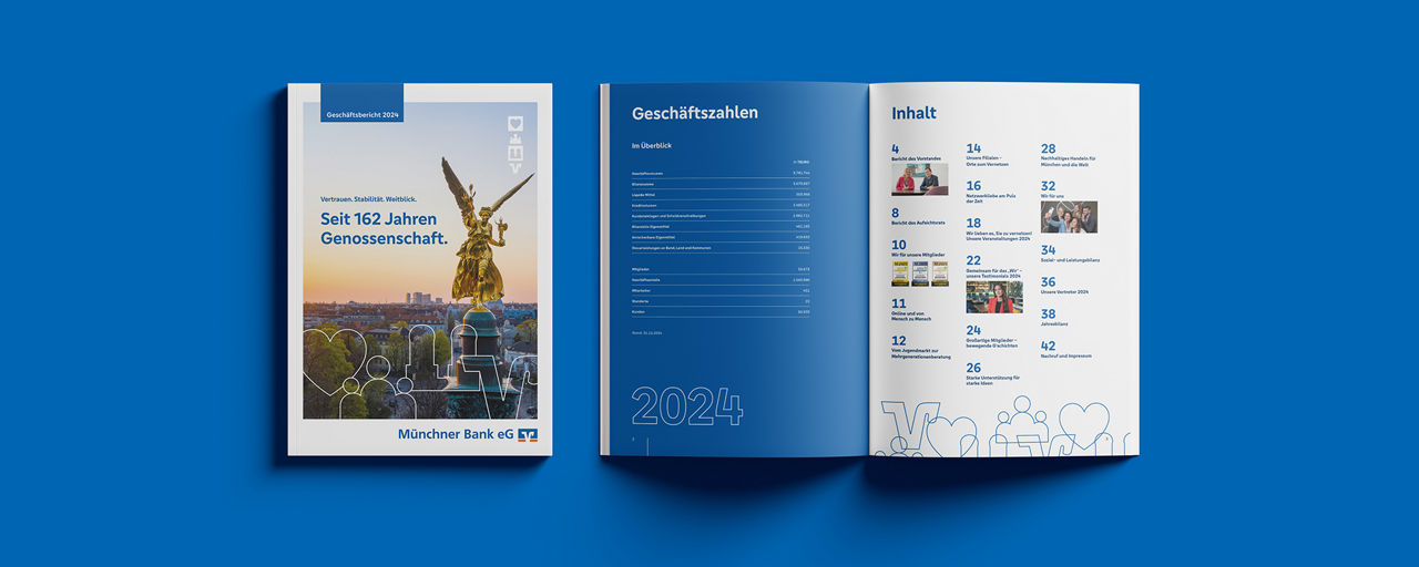 Cover und Innenseite des Geschäftsberichts 2024 auf blauem Hintergrund