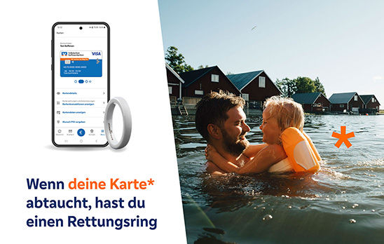 Abbildung eines Bezahlrings und eines Smartphones zusammen mit Text und Bild