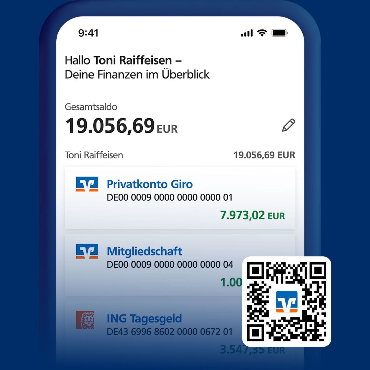 Exemplarische Darstellung einer Startseite der VR Banking App inkl. QR-Code zum Download der App