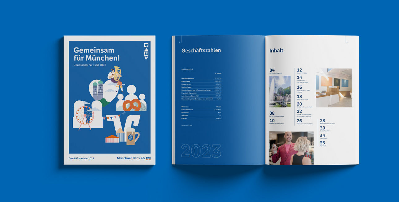 Cover und aufgeschlagene Seite des Geschäftsberichts der Münchner Bank eG