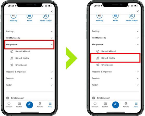 Klicken Sie im Menü der FVB Banking App auf Wertpapiere ➔ Börse & Märkte ➔ Musterdepot