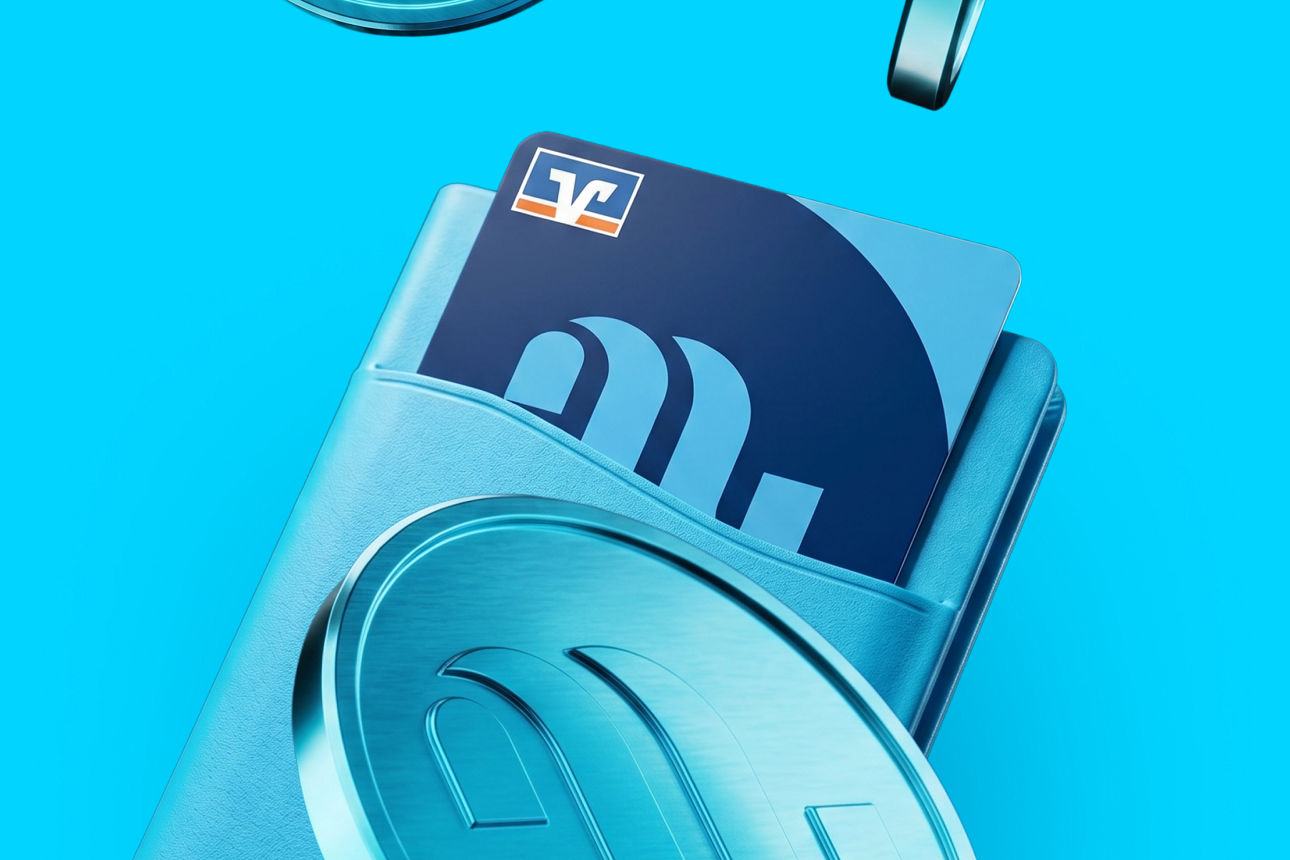 Ein wallet mit einer moneywave Girocard und stilisierten Münzen