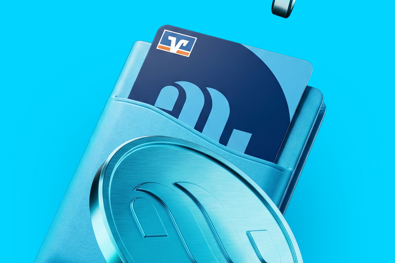 Ein wallet mit einer moneywave Girocard und stilisierten Münzen