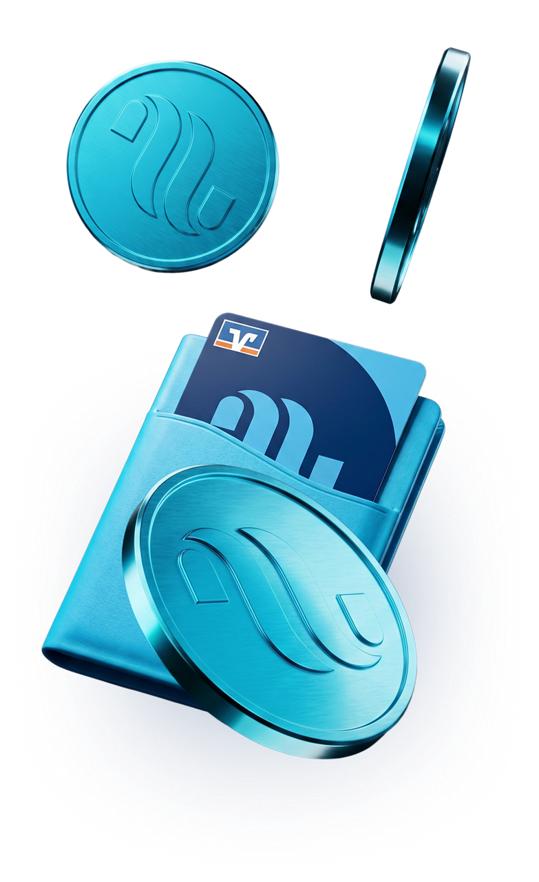 moneywave Debitcard in einem Walltet mit Münzen
