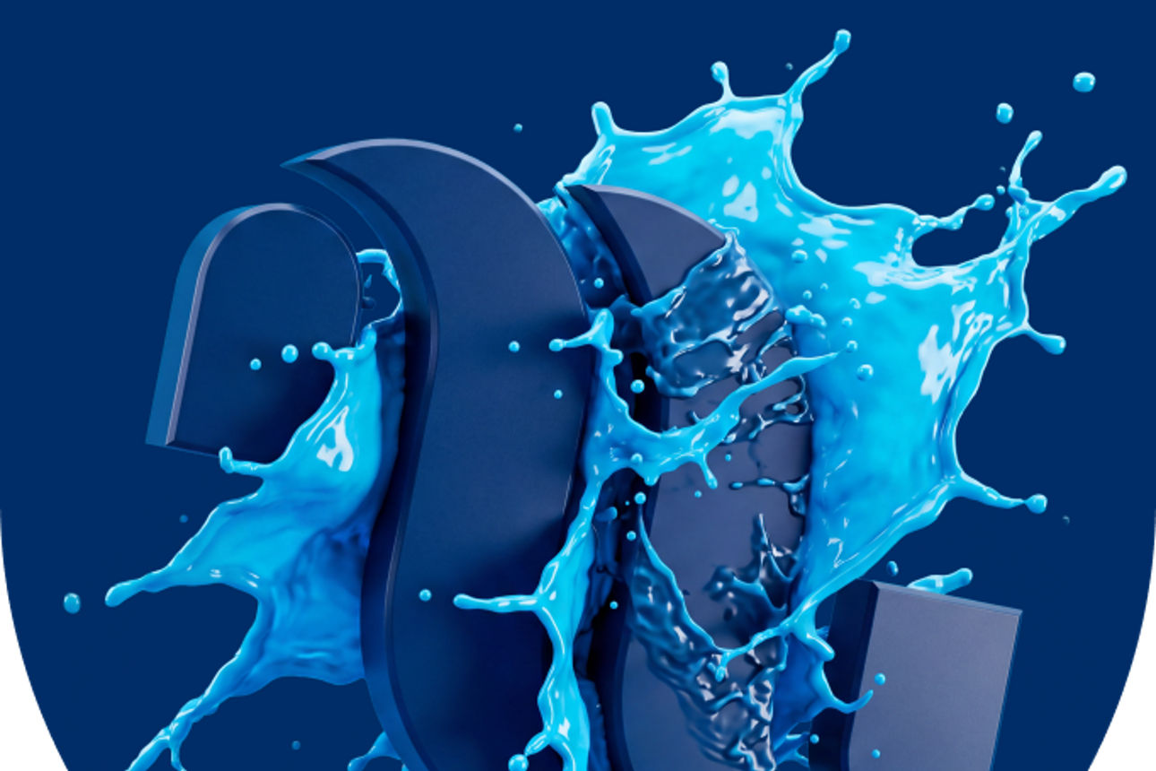 das moneywave M mit blauer spritzender Flüssigkeit