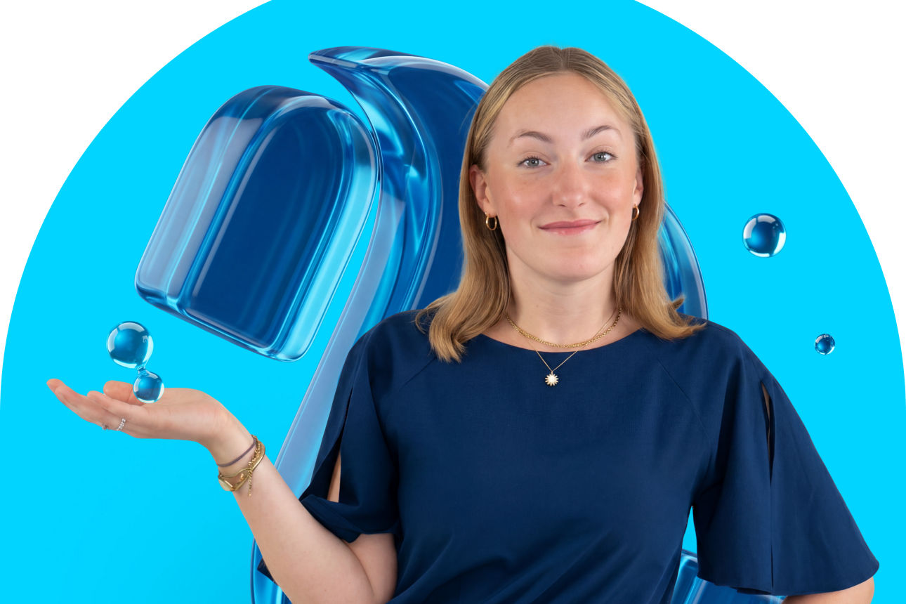 Eine weibliche moneybuddy mit einer moneywave Welle im Hintergrund