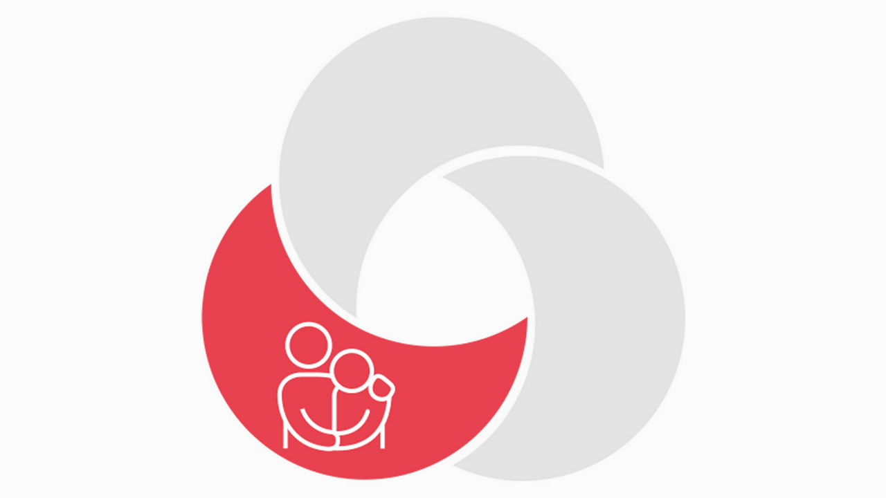 Logo aus drei Elementen / zwei ausgegraut , auf einem zwei Menschen umarmt