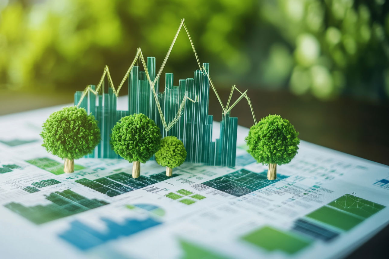 Visualisierung eines Berichts mit grünen GRafiken und darüberliegend mit einer 3D-Visulaisierung von Bäumen, Natur und Wald.