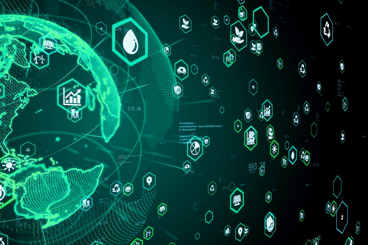 Ein grüner Kosmos mit vielen Icons zum Thema Nachhaltigkeit