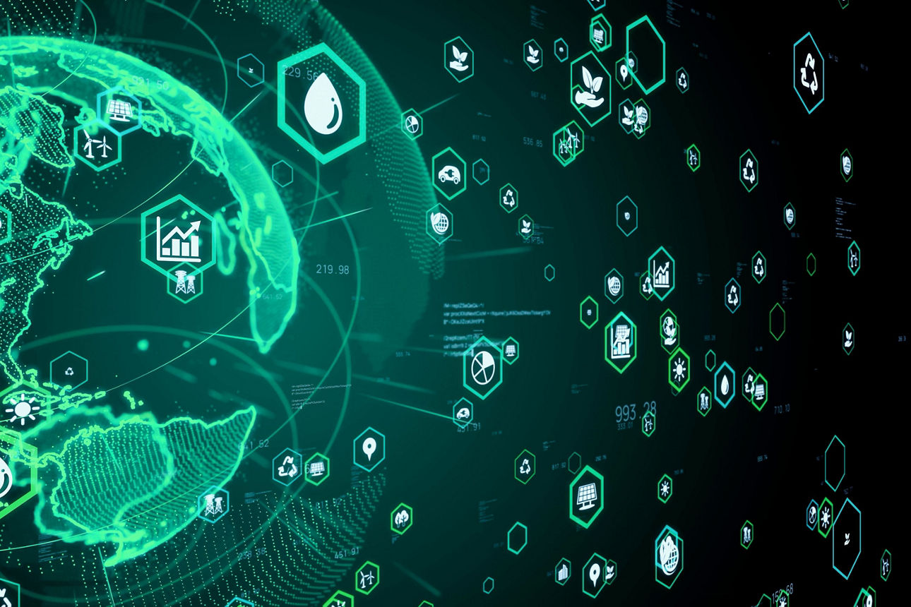 Ein grüner Kosmos mit vielen Icons zum Thema Nachhaltigkeit