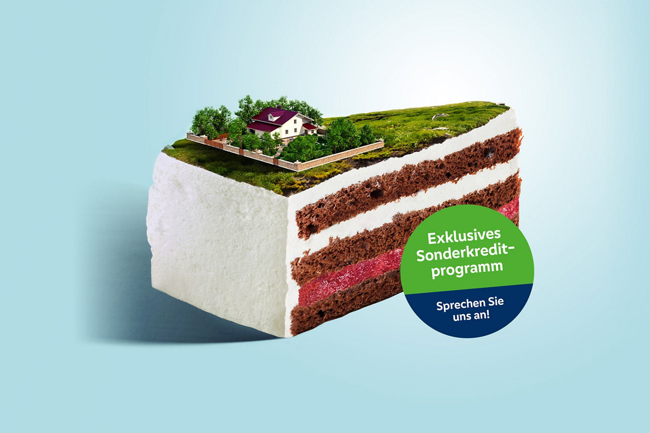 Torten-Illustration mit einem Häuschen als Belag