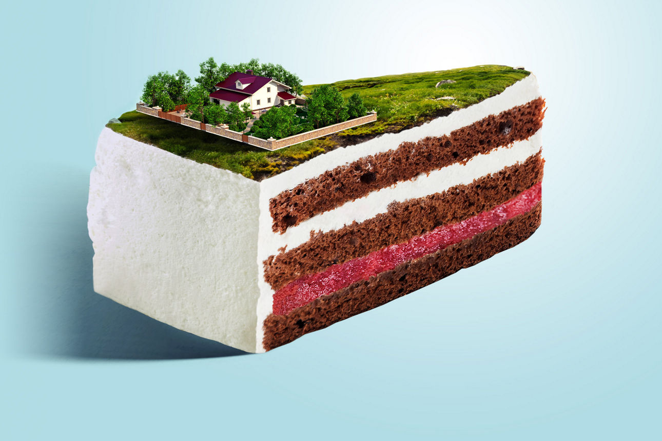 Kuchen-Illustration mit einem Häuschen als Belag