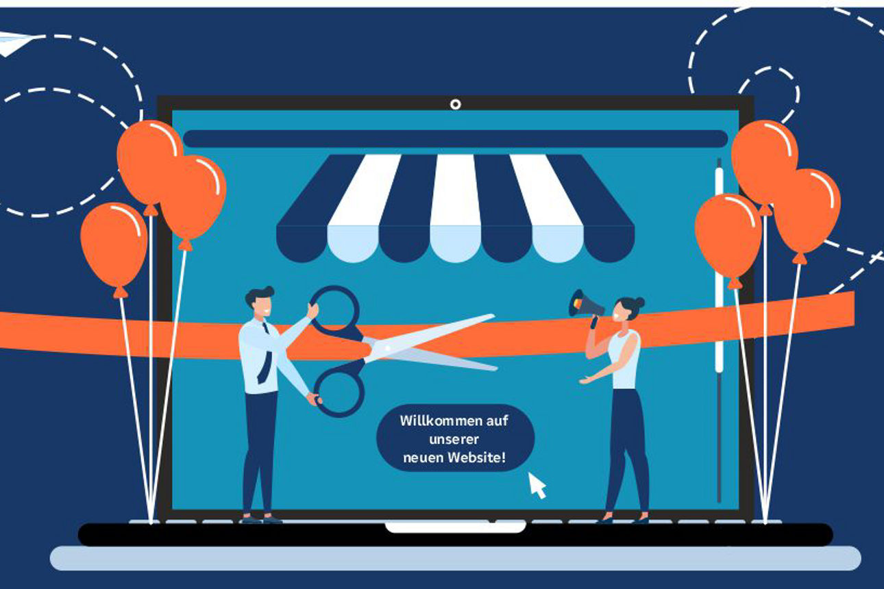 Mann mit Schere und Frau mit Megafon bei Eröffnung der neuen Website