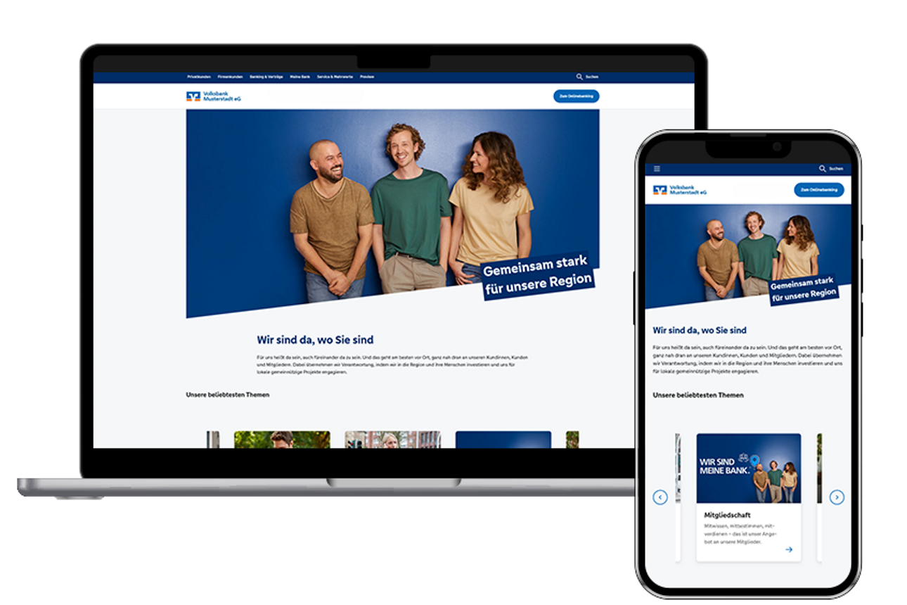 Monitor und Smartphone mit dem neuen Internetauftritt der Raiffeisenbank Neustadt eG