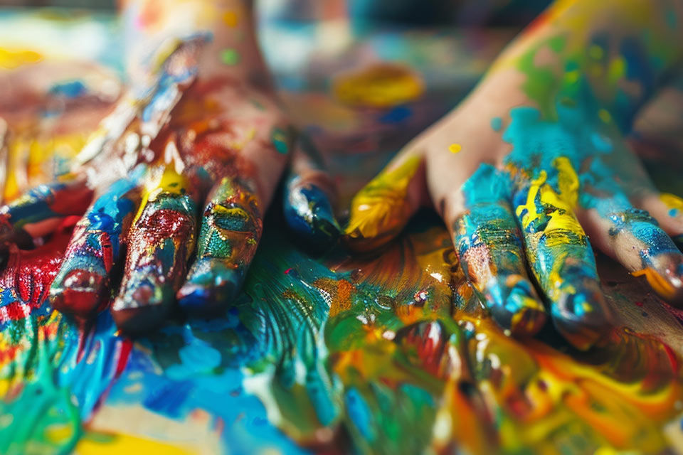 Zwei bunt bemalte Hände spielen mit Malfarben.
